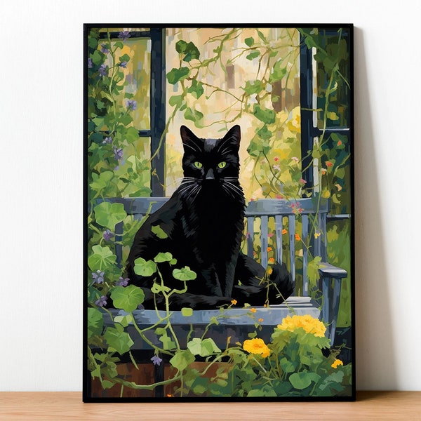 Gustav Klimt chat noir banc de jardin impression peinture célèbre encadré chat maman cadeau affiche toile drôle botanique éclectique art mural décoration maison