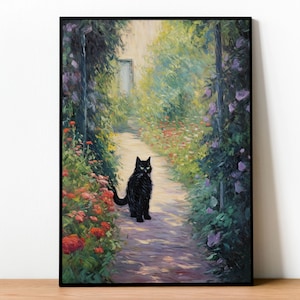Claude Monet Black Cat Flowers Garden Print Famous Painting Framed Poster Canvas Funny Floral Vibrant Colorful Eclectic Wall Art Home Decor