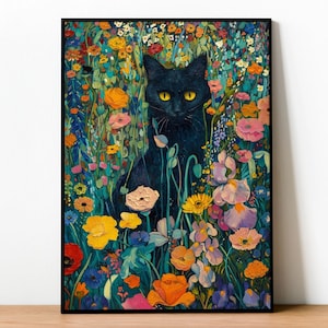 黒猫 ゴッホ 花柄 ガーデンプリント 有名な絵画 額入り 猫 ママへのギフト ポスター キャンバス おもしろい 鮮やか カラフル 折衷的 ウォールアート ホームデコレーション