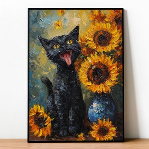 Black Cat Sunflowers Claude Monet Print Famous Painting Frame Poster Canvas Funny Cat Mom Gift Vibrant Colorful Eclectic Wall Art Home Decor