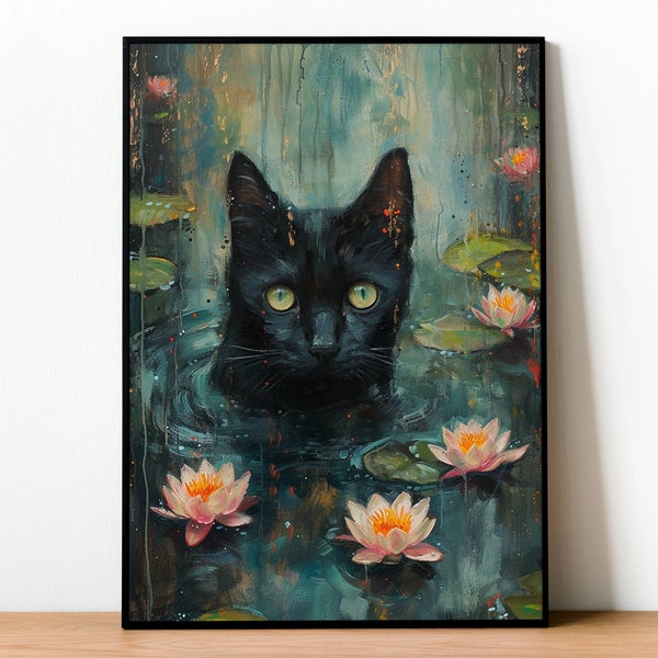 Black Cat Waterlily Floral Print Famous Painting Framed Cat Mom Gift Poster Canvas Funny Monet Water Lilies Eclectic Wall Art Home Decor