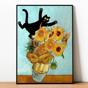 Schwarze Katze Sonnenblumen Kunst Vincent Van Gogh Druck Berühmte Gemälde Rahmen Lustige Katze Geschenk Poster Leinwand Lustige Eclectic Floral Wand Kunst Home Decor