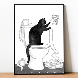 Black Cat Toilet Print Funny Bathroom Framed Painting Cat Mom Gift Poster Canvas Pet Owner Gift Eclectic Modern Trendy Wall Art Home Decor