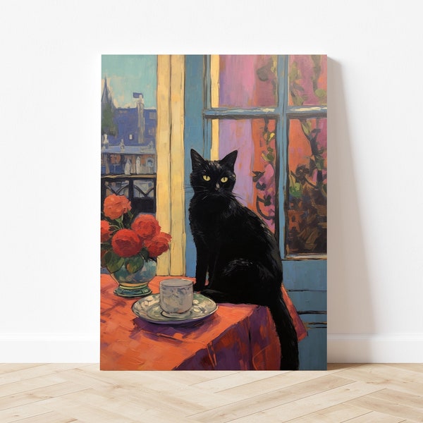 Claude Monet Black Cat Art Print Famous Painting Framed Funny Cat Animal Floral Poster or Canvas Funny Eclectic Wall Art Gift Home Decor