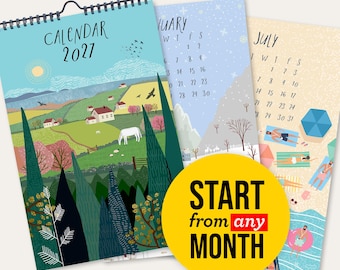 Hand-drawn 2027 Four Seasons Wall Calendar, Whimsical Landscape Art Monthly Planner, Start Any Month Cute Nature & Beach Decor Gift