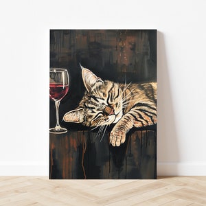 ワイングラスを持って眠る猫のプリント 面白い動物 かわいい子猫 バーカート ポスター 絵画 モダン 折衷的 壁アート 部屋装飾 額入りキャンバス