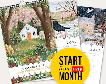 Hand-painted 2027 Cottagecore Wall Calendar, Cozy Countryside Cottage Art Monthly Planner, Start Any Month Whimsical Nature Decor Gift