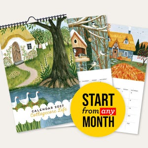 May include: A 2027 wall calendar titled Cottagecore Life featuring watercolour illustrations of a thatched cottage, geese, and birds. A yellow circular sticker with black and red text reads START from any MONTH, partially obscuring the calendar pages.