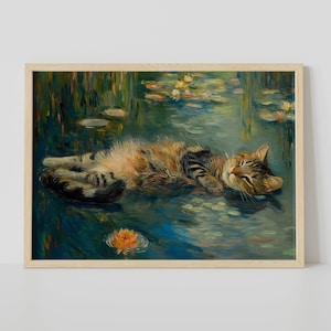 Sleeping Cat Waterlily Floral Print Famous Painting Framed Cat Mom Gift Poster Canvas Funny Monet Water Lilies Eclectic Wall Art Home Decor