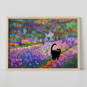 Claude Monet Black Cat Flowers Garden Print Famous Painting Framed Poster Canvas Funny Floral Vibrant Colorful Eclectic Wall Art Home Decor