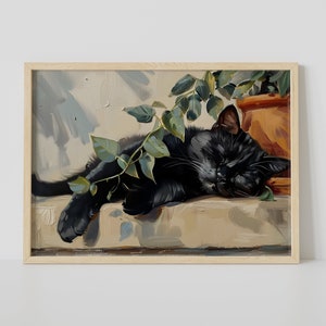 Sleeping Black Cat Print Cute Kitten Painting Framed Cat Mom Gift Poster Canvas Pet Owner Gift Eclectic Modern Trendy Wall Art Home Decor