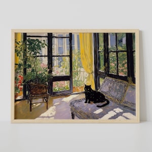 Black Cat Painting Vintage Impressionist Print Framed Cute Funny Cat Art Poster Canvas Eclectic Colorful Farmhouse Wall Art Gift Home Decor