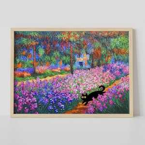 Zwarte kat bloemen Claude Monet tuin print beroemd schilderij ingelijste poster canvas grappige bloemen levendige kleurrijke eclectische Wall Art Home decor