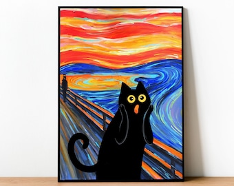 Funny Black Cat Print the Scream Famous Vintage Painting Edward