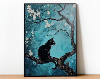 May include: A black cat sits on a branch of a tree with white blossoms against a blue and green background. The cat is looking to the right of the image.