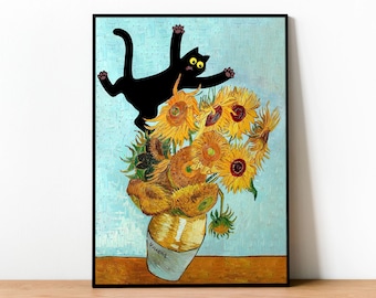 Cat and van gogh's sunflowers, cat eating flowers, bad cat, cat