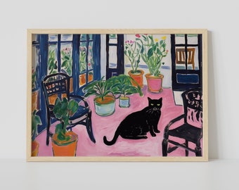 May include: A painting of a black cat sitting on a pink floor in a room with blue and white windows, black chairs, and potted plants.