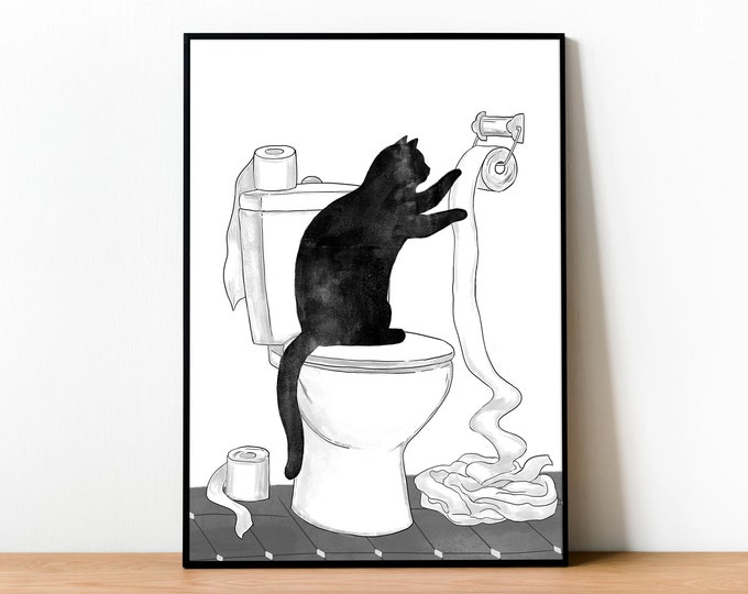Set of 3 Black Cat Toilet Painting Wall Poster Watercolor Art Decor ...