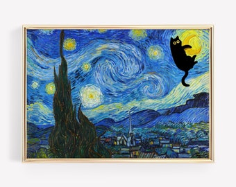 May include: A framed print of Vincent van Gogh's Starry Night with a black cat silhouette superimposed on the moon.