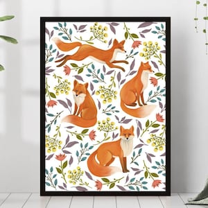 Fuchs Wald Tier Druck Botanisches Muster Montessori Blumen Poster gerahmt Geschenk Leinwand Wand Kunst Soft Bauernhaus Wohnkultur Herbst Ästhetik