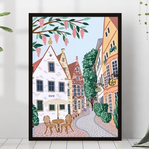 Deutschland Reise Druck Gemütliches Cafe Stadtbild Straße Poster Bunt Eklektisch Lebendiges Gerahmtes Geschenk Poster Leinwand Wand Kunst Trendy Modernes Dekor