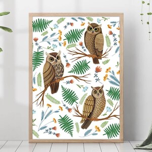 Wald Eulen Tierdruck Gerahmtes Weihnachtsgeschenk Herbst Botanische Vögel Montessori Blumen Poster Leinwand Wandkunst Neutral Soft Hausdekor