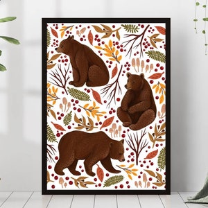 Póster Montessori con estampado de osos, diseño botánico de animales del bosque otoñal, regalo enmarcado, lienzo, arte de pared para habitación, decoración del hogar, luz Academia Neutral