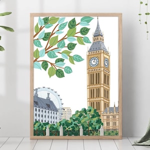 Impressão de viagem de Londres, pôster de paisagem urbana da Inglaterra, colorido, eclético, vibrante, moldura, presente, pôster do Big Ben, Reino Unido, arte de parede, decoração moderna e moderna para quarto