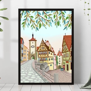 Rothenburg Reisedruck Deutschland Poster Bunt Eklektisch Lebhaftes Geschenk Poster Leinwand Wandkunst Bayern Deutschland Druck