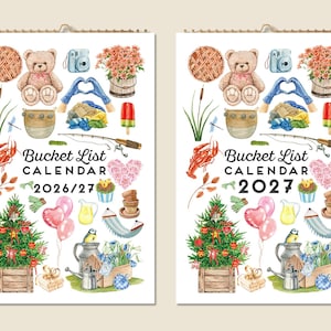 May include: Watercolor bucket list calendars for 2026/27 and 2027. Each calendar features illustrations of a teddy bear, camera, flowers, and other themed images. The calendars are designed with a spiral binding at the top.