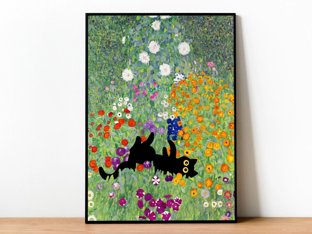Gustav Klimt Garden Flowers Black Cat Print Famous Painting Framed Cat ...