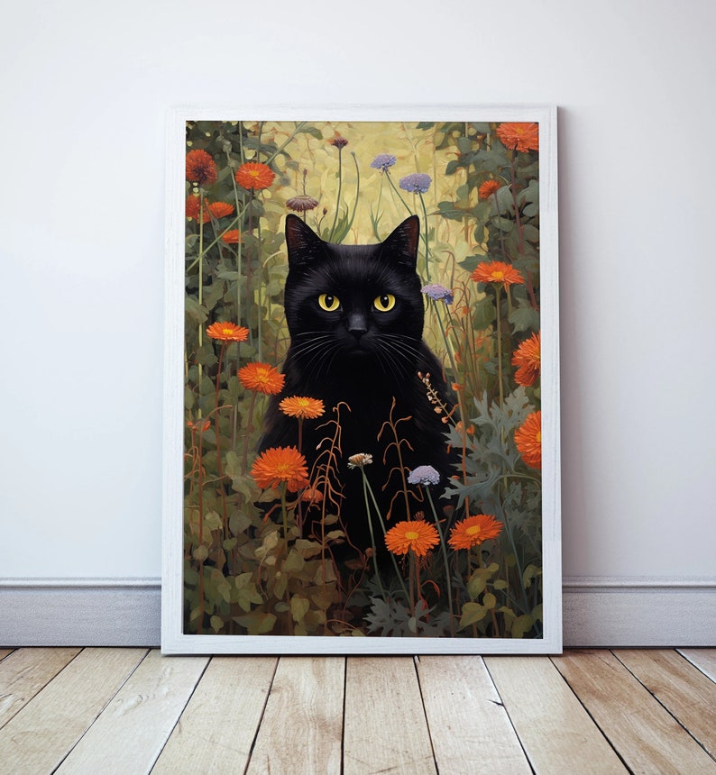 Black Cat Art Gustav Klimt Flower Garden Print Famous Painting Frame ...