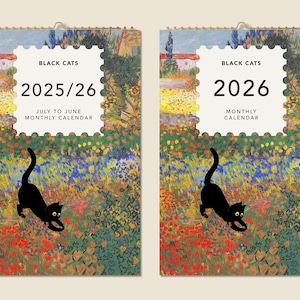 12ヶ月壁掛けカレンダー 2025年 2026年 中期 黒猫の絵画 クリスマスギフトアイデア 面白いプレゼント ホームデコレーション