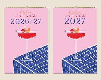 Calendario de pared de 12 meses 2026 Mediados de año 2027 Cuadros abstractos de cócteles Calendario de cocina Carrito de bar retro Idea de arte Regalo moderno