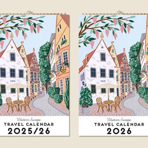 12 Months Wall Travel Calendar 2025 Mid-year 2026 Western Europe Paintings Christmas Gift Idea Modern Present Home Decor Traveler Gift