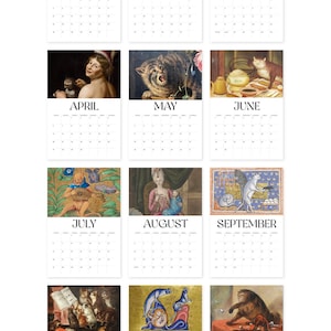 May include: A wall calendar featuring twelve months, each with a different vintage illustration of cats. The months are labeled January through December. The illustrations vary in style, including paintings and drawings, and showcase cats in various poses and settings.