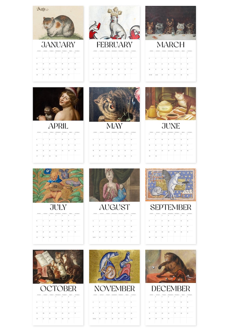 May include: A wall calendar featuring twelve months, each with a different vintage illustration of cats. The months are labeled January through December. The illustrations vary in style, including paintings and drawings, and showcase cats in various poses and settings.