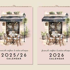 12 Months Wall Travel Calendar 2025 Mid-year 2026 French cafes and cake stores Paintings Christmas Gift Idea Modern Present Home Decor