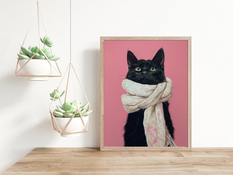 Black Cat Pink Painting Print Framed Cat Mom Gift Minimalistic Poster ...