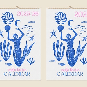 12 Months Fashion Calendar 2025 Mid-year 2026 Ocean Mermaid Abstract Wall Art Idea Modern Vintage Present Home Decor Ocean Lover Planner