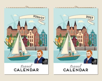 Calendario de pared de 12 meses para viajes 2026 - Mediados de año 2027 - Cuadros de ciudades del mundo - Idea de regalo moderno - Decoración del hogar - Calendario de destinos de viaje