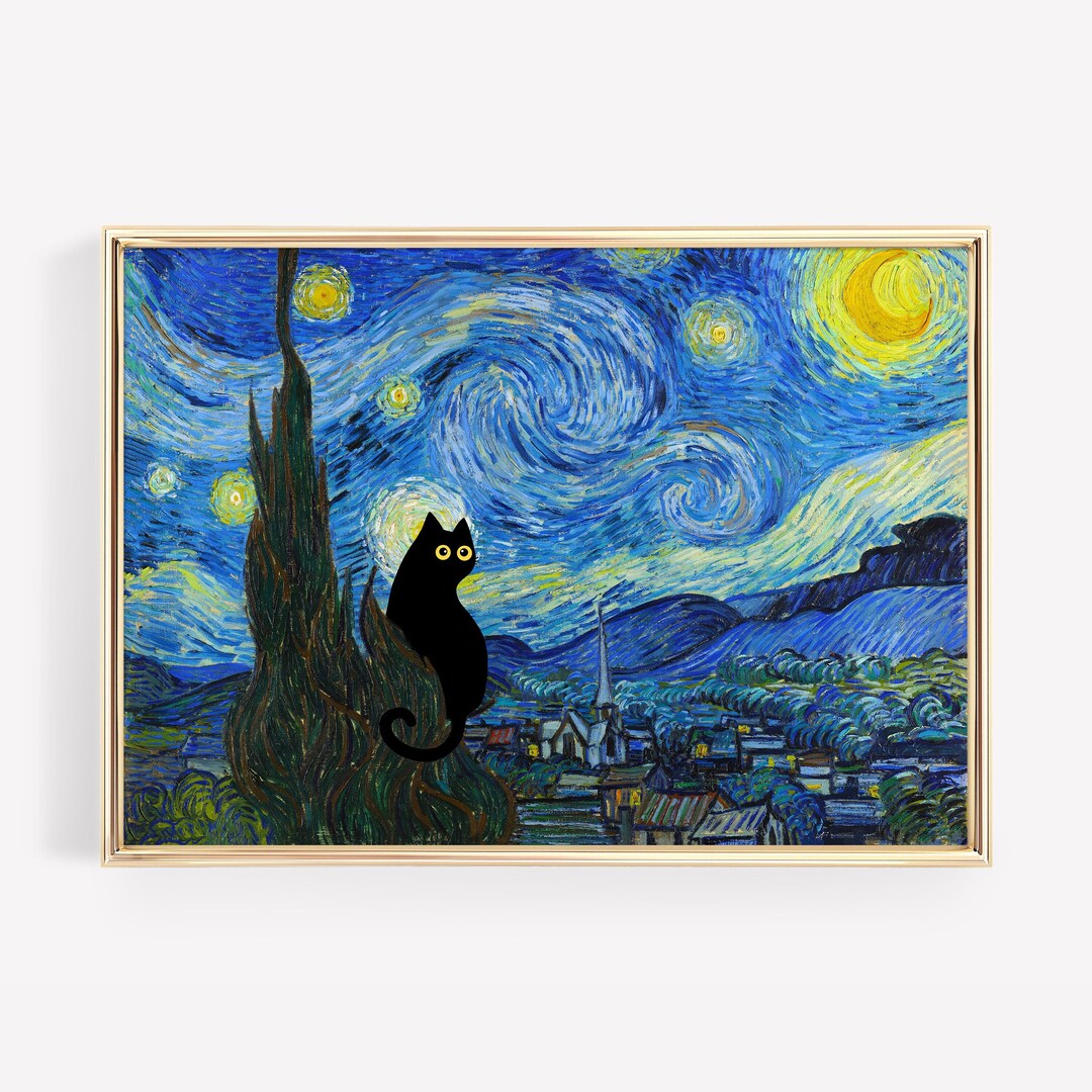 Vincent Van Gogh the Starry Night Black Cat Famous Painting Art Print ...