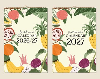 Calendario de pared de 12 meses 2026. Mediados de año 2027. Pinturas de frutas en acuarela. Idea de regalo para el Día de la Madre. Regalo moderno para la decoración del hogar.