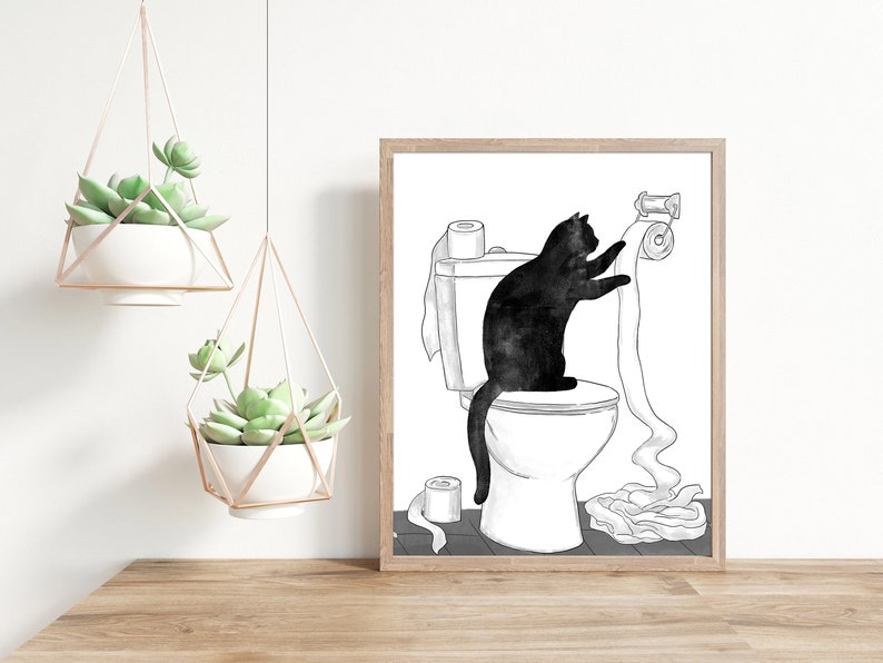 Black Cat Toilet Print Funny Bathroom Framed Painting Cat Mom Gift ...