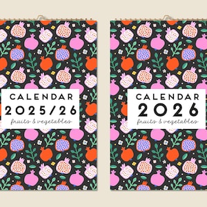 12 Months Wall Calendar 2025 Mid-year 2026 Abstract Fruits and Vegetables Paintings Christmas Gift Idea Modern Present Home Decor