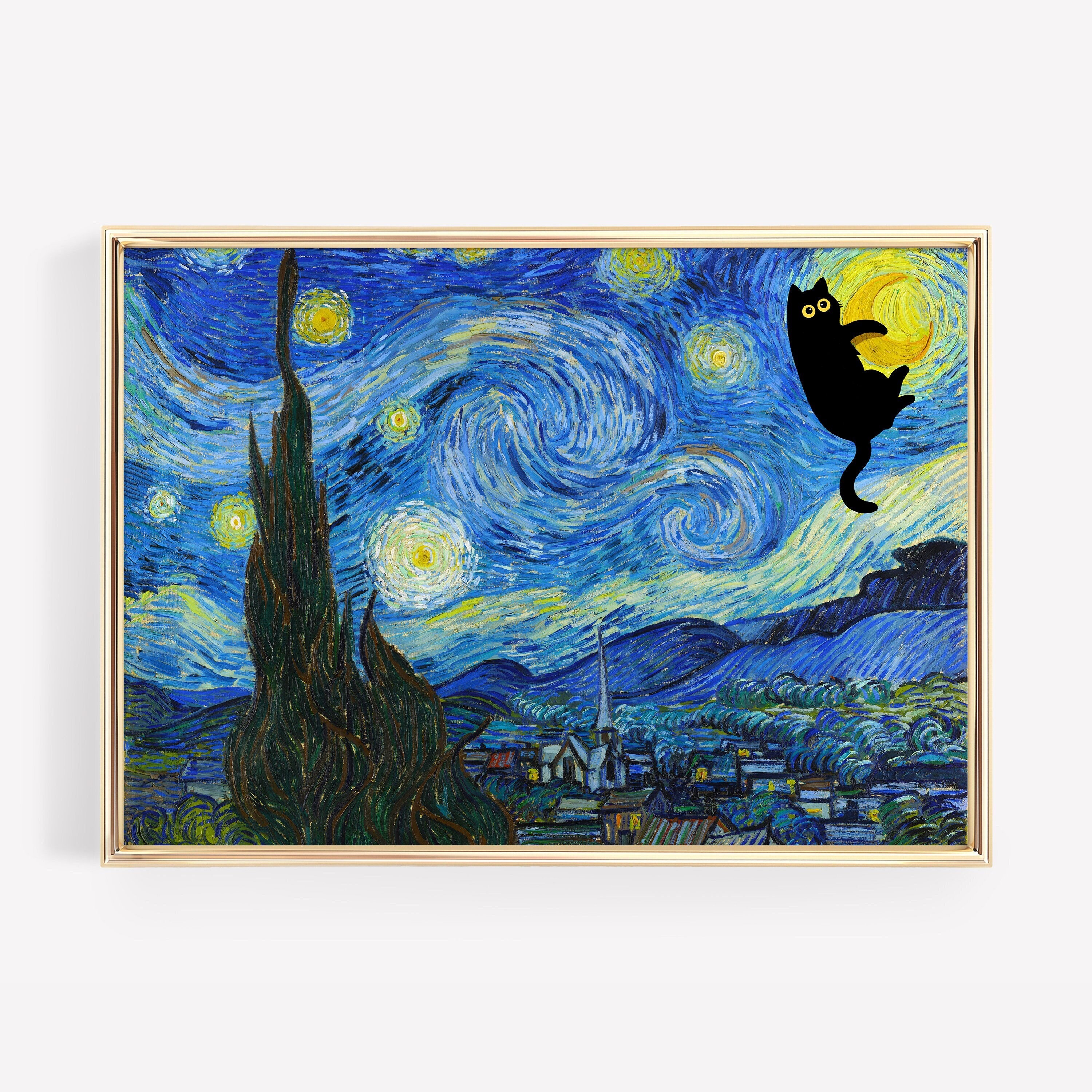 Vincent Van Gogh the Starry Night Black Cat Famous Painting Art Print ...