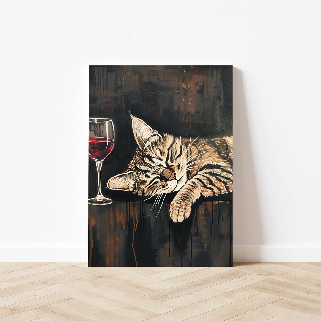 Cat Sleeping With Glass of Wine Print Funny Animal Cute Kitty Bar Cart ...