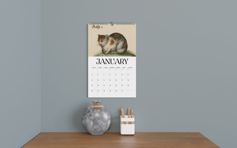May include: A wall calendar for January featuring a vintage illustration of a cat. The cat is depicted in shades of brown, white, and orange. The word "January" is printed in bold black letters below the illustration. The calendar is hanging on a gray wall.