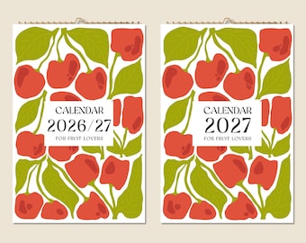 Calendario de pared de 12 meses 2026. Mediados de año 2027. Pinturas abstractas de frutas. Idea de regalo para el Día de la Madre. Regalo moderno para la decoración del hogar.