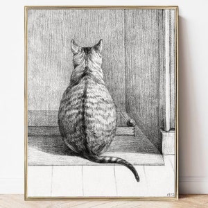 Gestreifte Katze Bleistift Zeichnung Druck Vintage Kätzchen Skizze Gemälde Gerahmte Katze Mama Geschenk Poster Leinwand Haustier Besitzer Geschenk Moderne Wandkunst Wohnkultur
